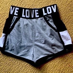 Grey,white,and black love shorts.